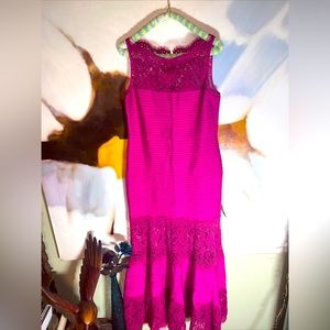 Tadashi Shoji XS Tall Designer Pink Pin-tuck Sleeveless Lace Evening Gown Dress